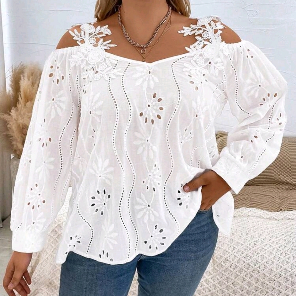 Boho Plus Size Sheer Eyelet Floral Lace Cold Shoulder Blouse Top Shirt White